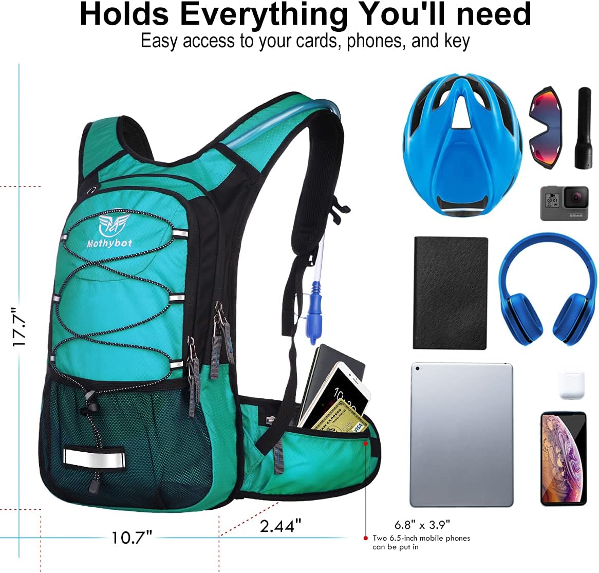 Mothybot Insulated Hydration Backpack Pack with 3L BPA Free Leak Proof Water Bladder, Large Storage Lightweight Hiking Daypack with Waist Pouches & Cooler Layer, for Running, Biking, Camping, Festival