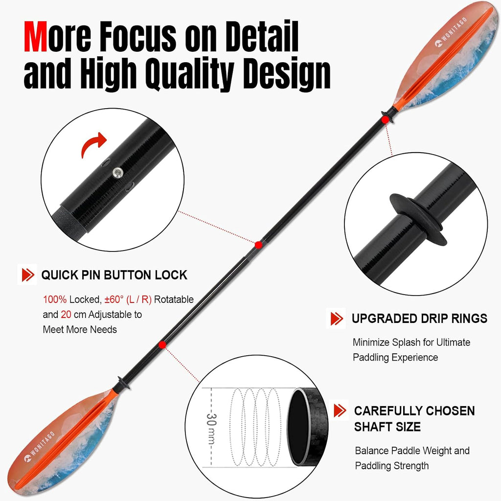 Adjustable Kayak Paddle, Fiberglass Shaft and Reinforced PP Blade