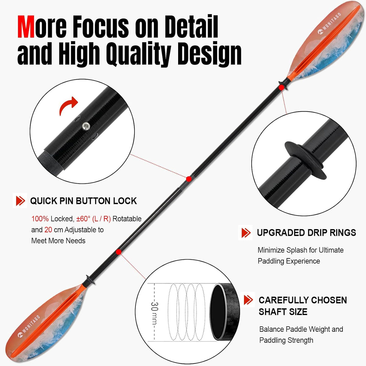 Adjustable Kayak Paddle, Fiberglass Shaft and Reinforced PP Blade