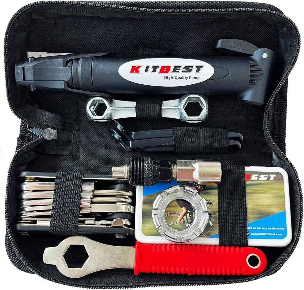 Bike Repair Bag with Tire Pump and Portable Bicycle Kit for Camping Travel