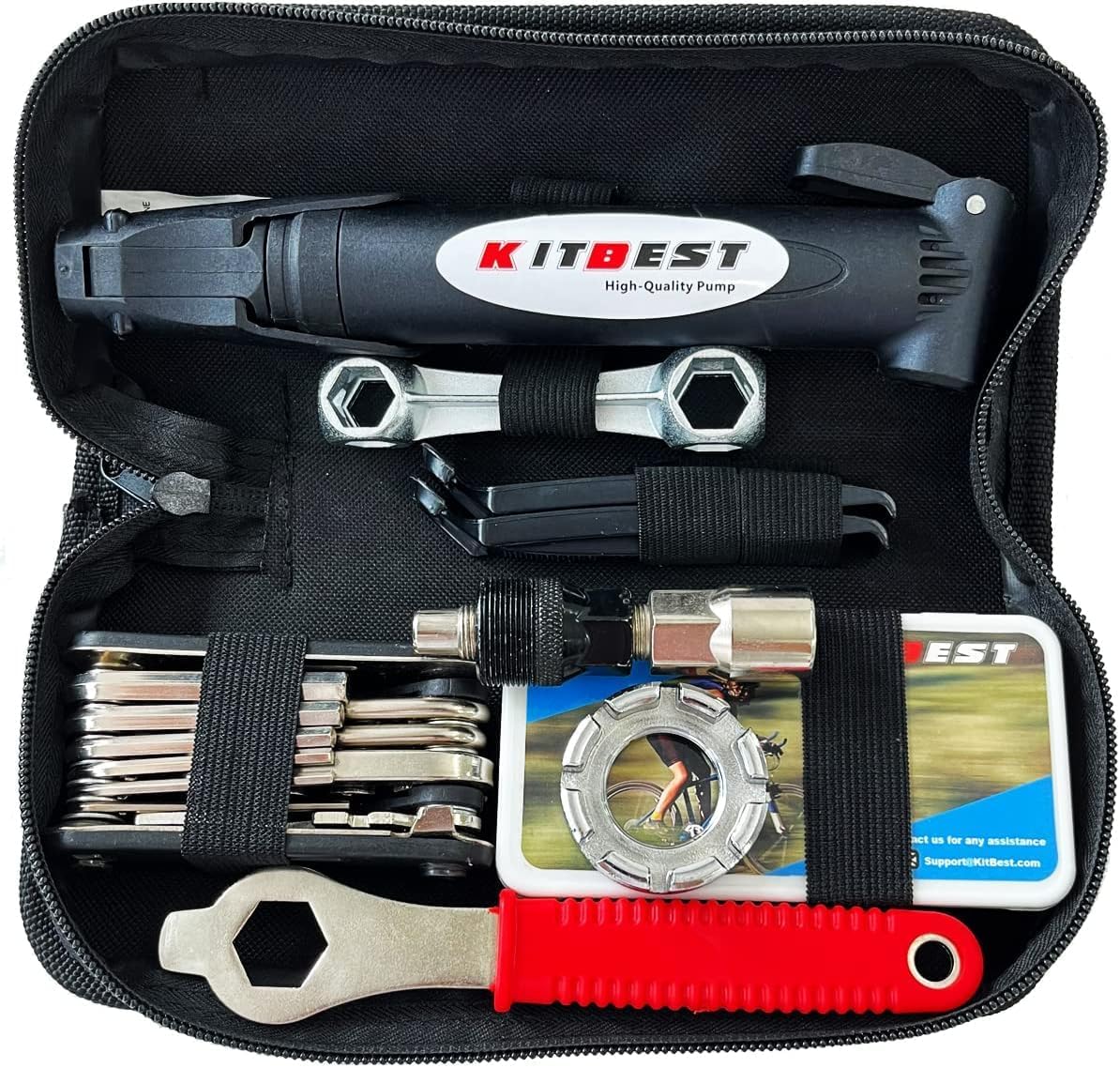 Bike Repair Bag with Tire Pump and Portable Bicycle Kit for Camping Travel
