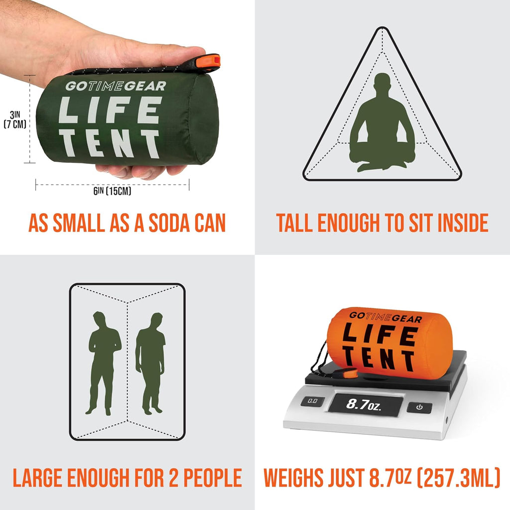 Go Time Gear Survival Life Tent • 2 Person Mylar Emergency Shelter Tube Tent + Paracord • All-Weather Protection for Camping, Hiking, & Survival Kits • Includes Emergency Whistle