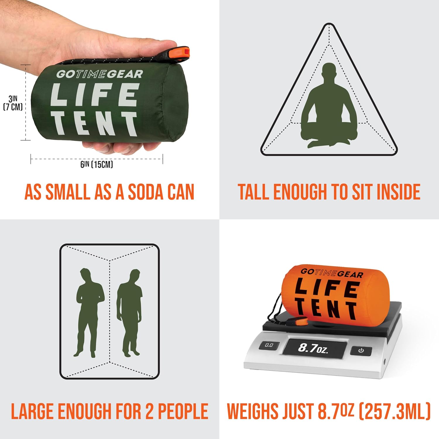 Go Time Gear Survival Life Tent • 2 Person Mylar Emergency Shelter Tube Tent + Paracord • All-Weather Protection for Camping, Hiking, & Survival Kits • Includes Emergency Whistle