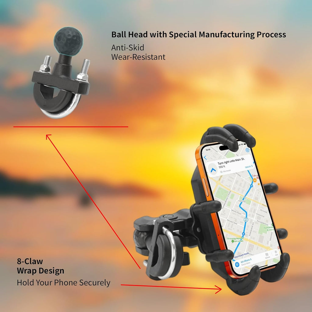 Motorcycle Phone Mount Holder, Motorcycle Cell Phone Holder with Vibration Dampener, 360° Rotate Adjustable Bike Phone Mount Handlebar Cellphone Holder for 5.2''-6.6'' Smartphones