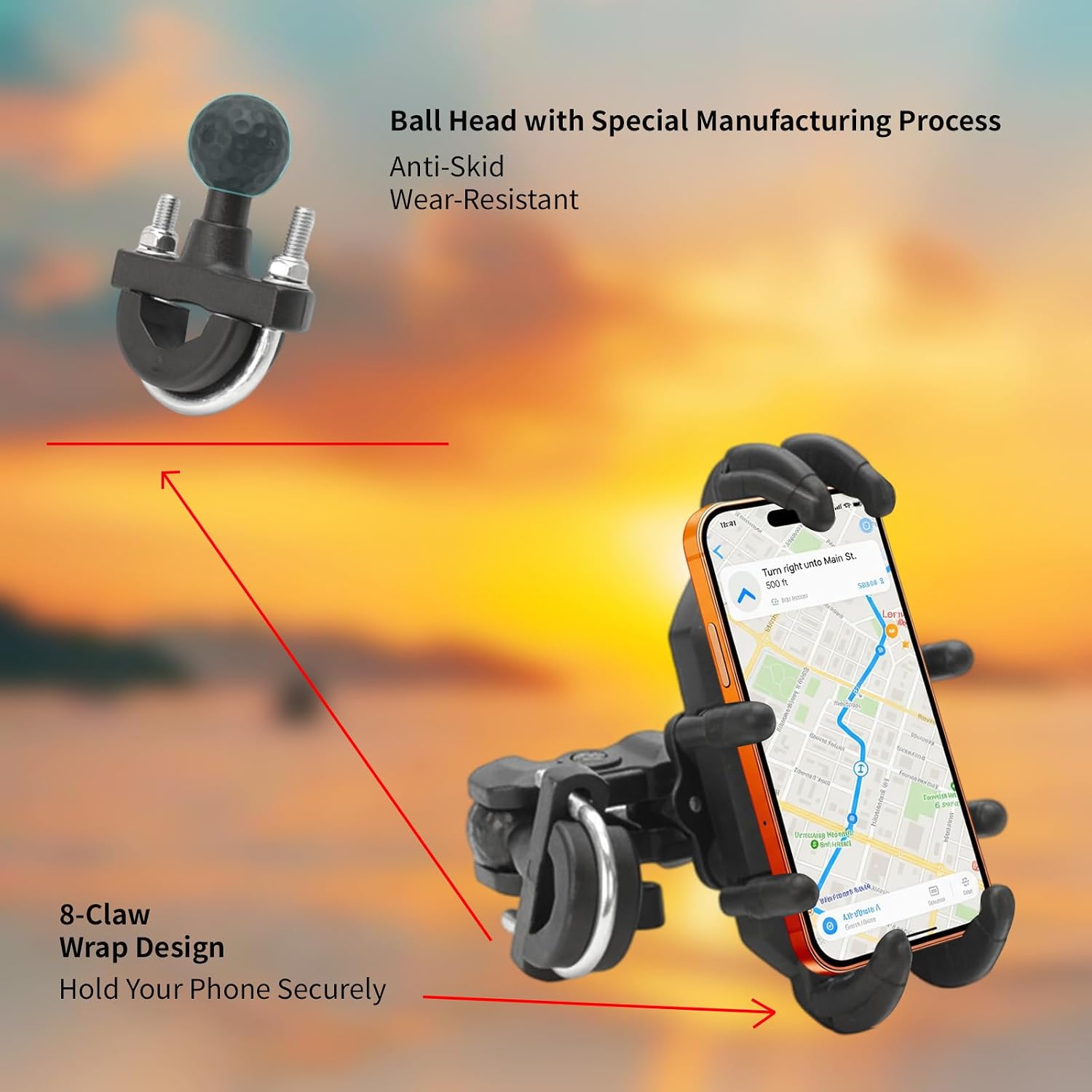 Motorcycle Phone Mount Holder, Motorcycle Cell Phone Holder with Vibration Dampener, 360° Rotate Adjustable Bike Phone Mount Handlebar Cellphone Holder for 5.2''-6.6'' Smartphones