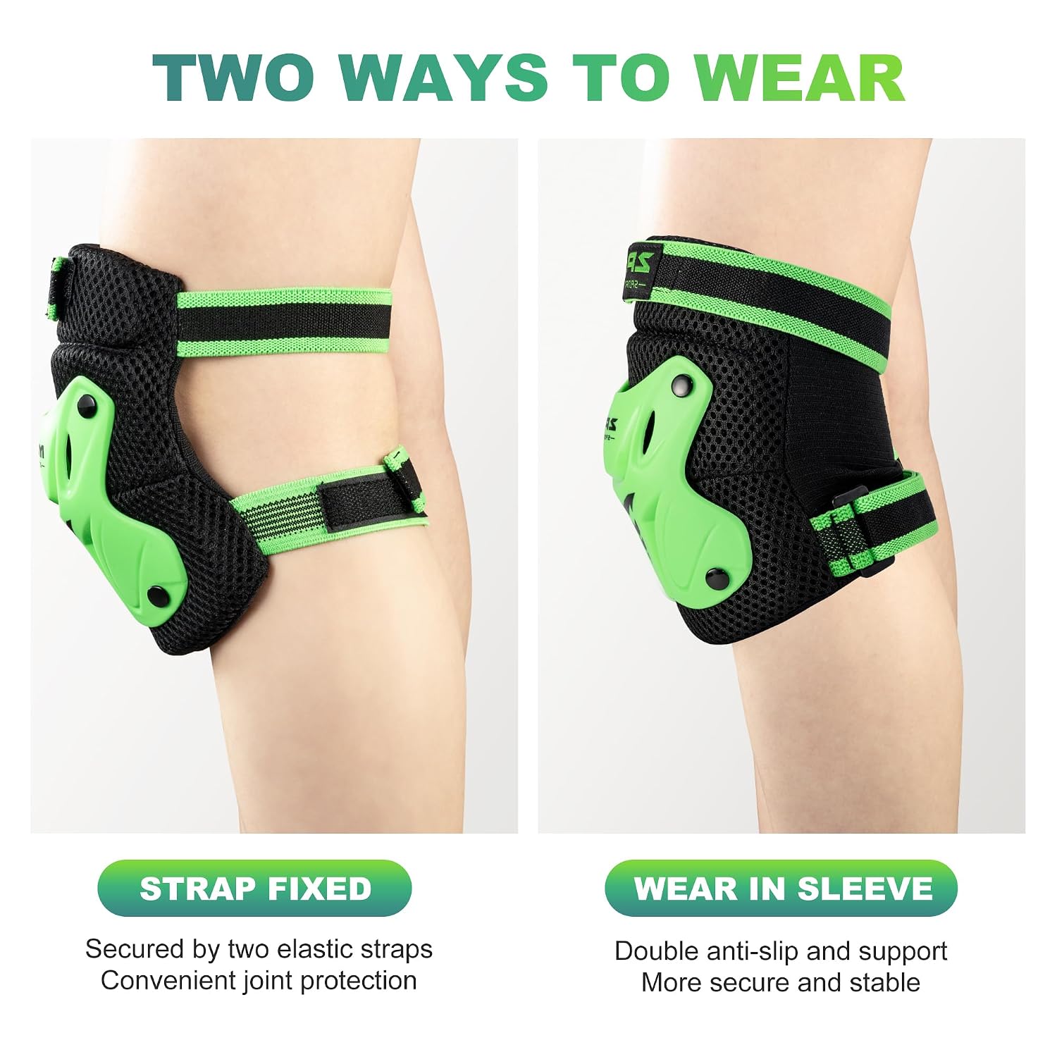 2PM SPORTS Knee Pads for Kids, Wrist Guards Knee and Elbow Pads Set with Drawstring Bag, Protective Gear Set for Girls Boys Roller Skating Cycling Skateboard - Green Medium
