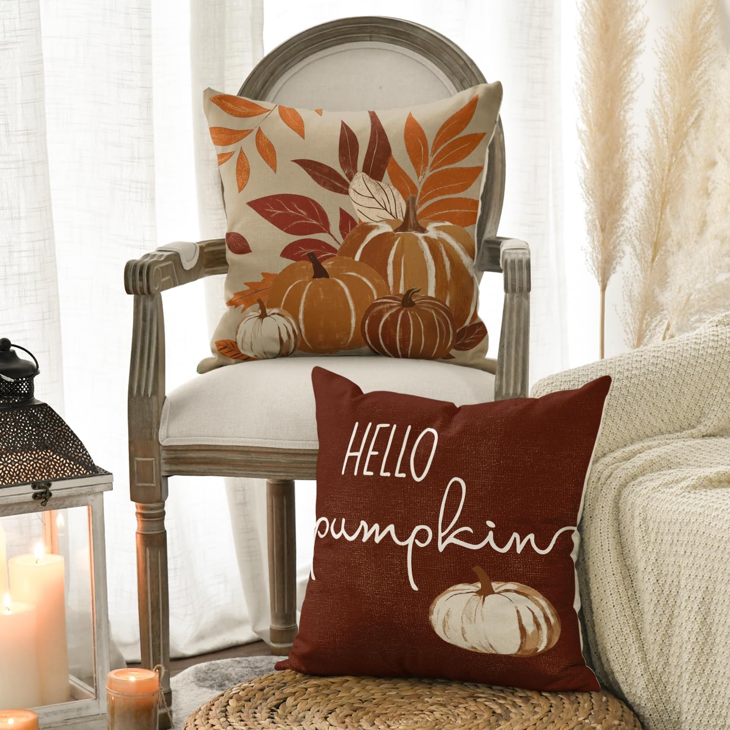AVOIN colorlife Hello Fall Pumpkin Leaves Pillow Covers 18x18 Inch Set of 4