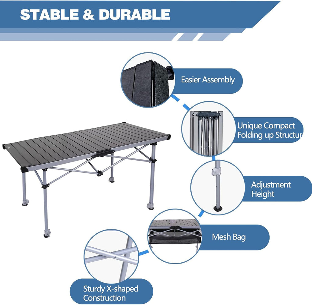 Ablazer Adjustable Aluminum Camping Table, 48.8-Inch Roll-Top