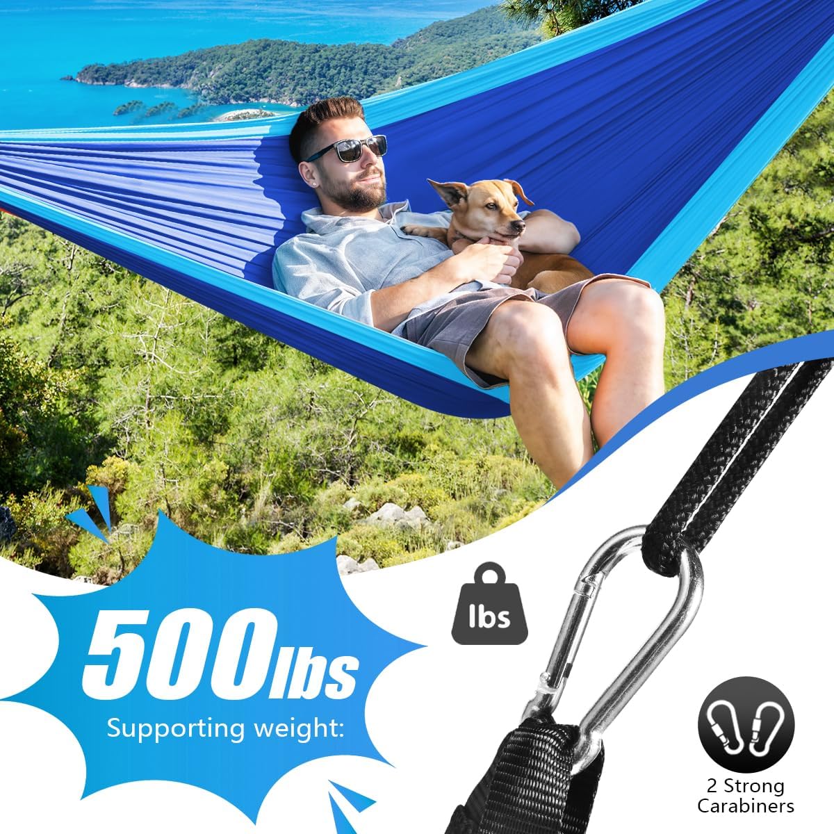 OBTANIM Camping Hammock 500lbs Portable Lightweight Single or Double Hammock with Tree Straps and Carry Bag for Camping Backpacking Hiking Travel Beach Outdoor Indoor (Blue and Dark Blue)