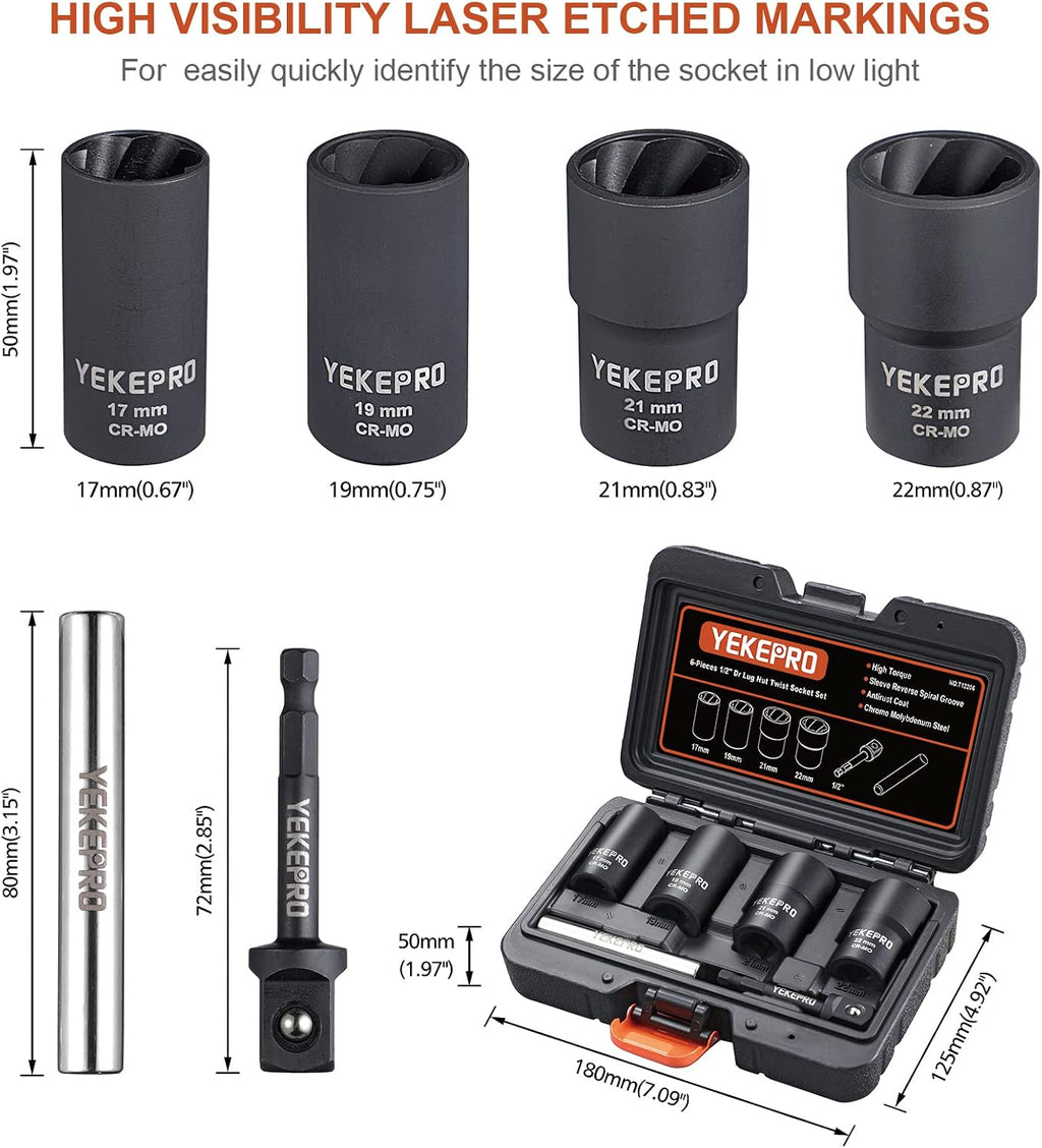 6PCS Lug Nut Removal Tool, 1/2 Inch Bolt Extractor Set