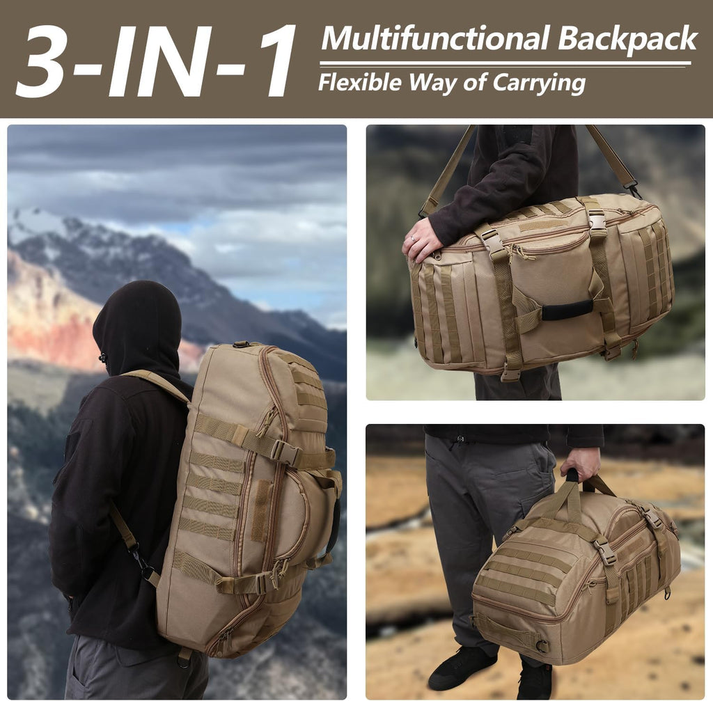 Hannibal Tactical 65L Large Duffle Bag, 3-in-1 Tactical Backpack MOLLE Pack for Sports, Gym, Outdoor, Coyote
