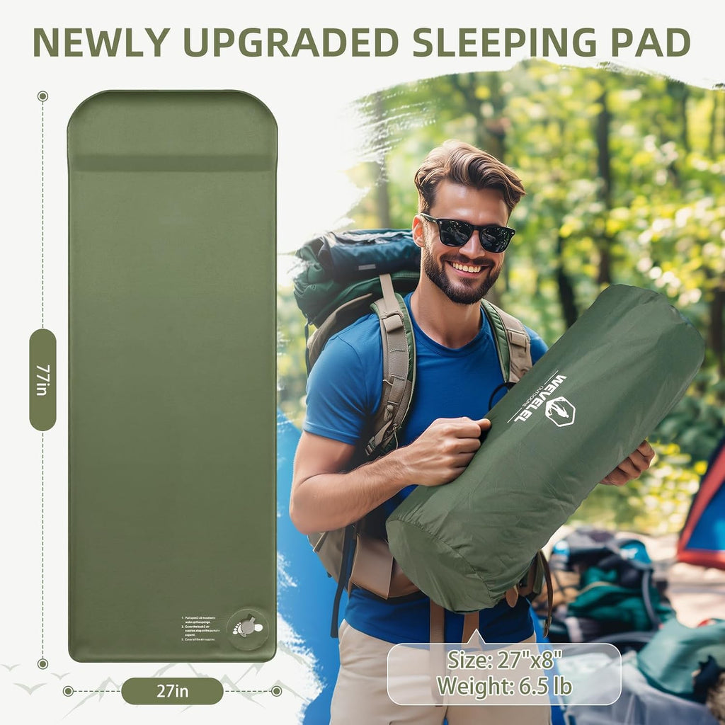 Wevelel Memory Sleeping Pad, 3.1" Ultra-Thick Foam Sleeping Mats for Camping, Easy Inflate&Deflate,9.5 R-Value Insulated Camping Mattress Pad with Pillow, for Car Travel Tent