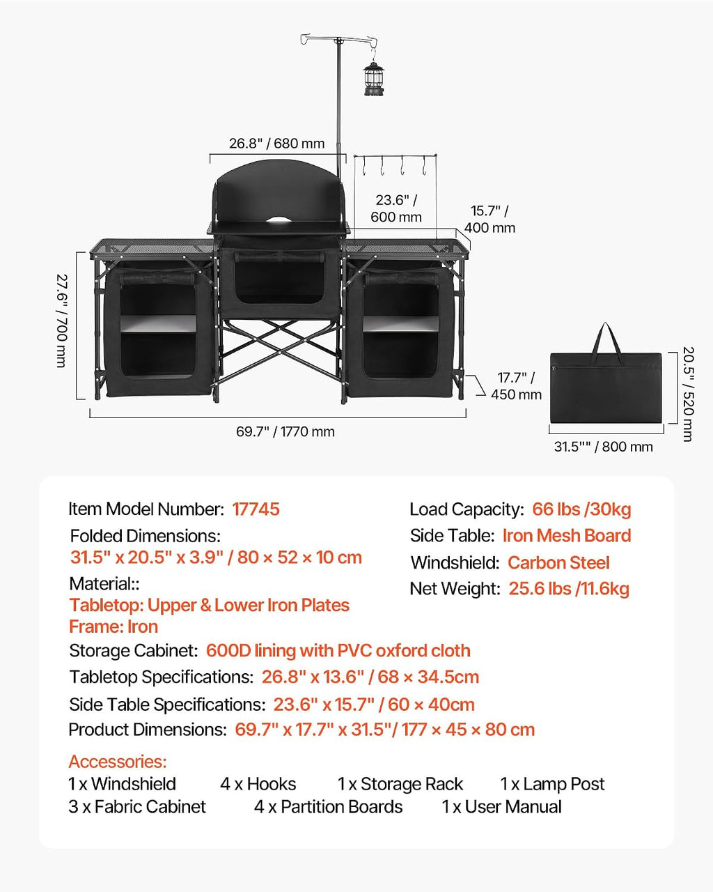 VEVOR Camping Kitchen Table, Outdoor Camp Cooking Table, Portable Cook Station with Storage Cupboard, Carrying Bag, Detachable Windscreen, Quick Set-up for BBQ Party Picnic RV Travel, Black