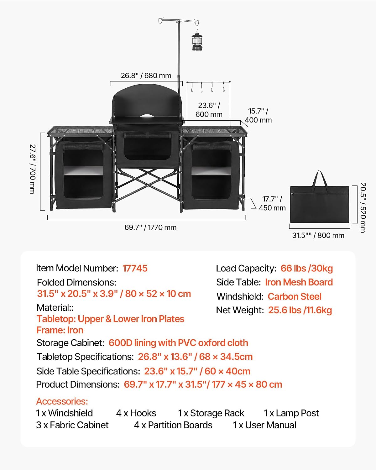 VEVOR Camping Kitchen Table, Outdoor Camp Cooking Table, Portable Cook Station with Storage Cupboard, Carrying Bag, Detachable Windscreen, Quick Set-up for BBQ Party Picnic RV Travel, Black