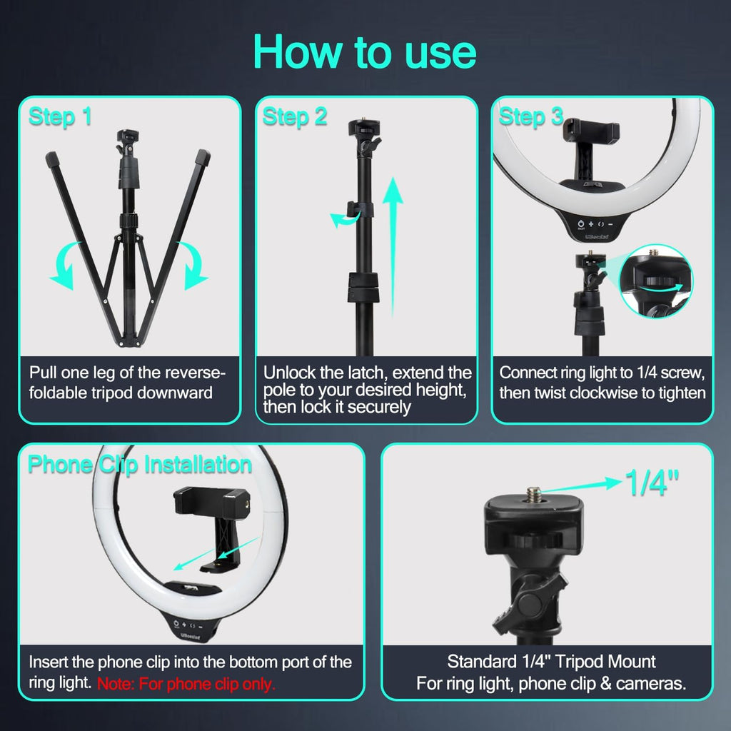UBeesize 14'' LED Foldable Ring Light with 62'' Tripod Stand, Selfie Ring Light for Video Recording, Live Streaming, TikTok & YouTube, Compatible with iPhone & Android (Black)