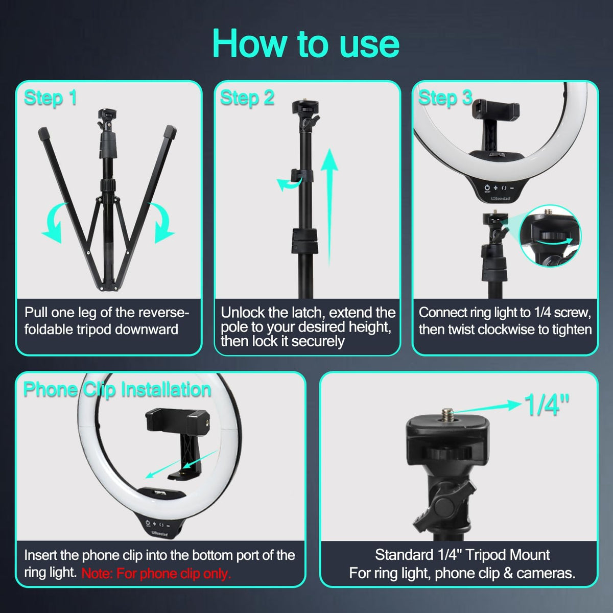 UBeesize 14'' LED Foldable Ring Light with 62'' Tripod Stand, Selfie Ring Light for Video Recording, Live Streaming, TikTok & YouTube, Compatible with iPhone & Android (Black)