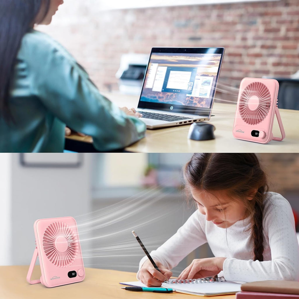WHATOOK Small Desk Fan Personal Fans: 5000mah 25 Hours Battery Office Quiet Mini Desktop Fan Portable Rechargeable Travel Essentials (Pink & Purple, Milliamp Hours, 2000)