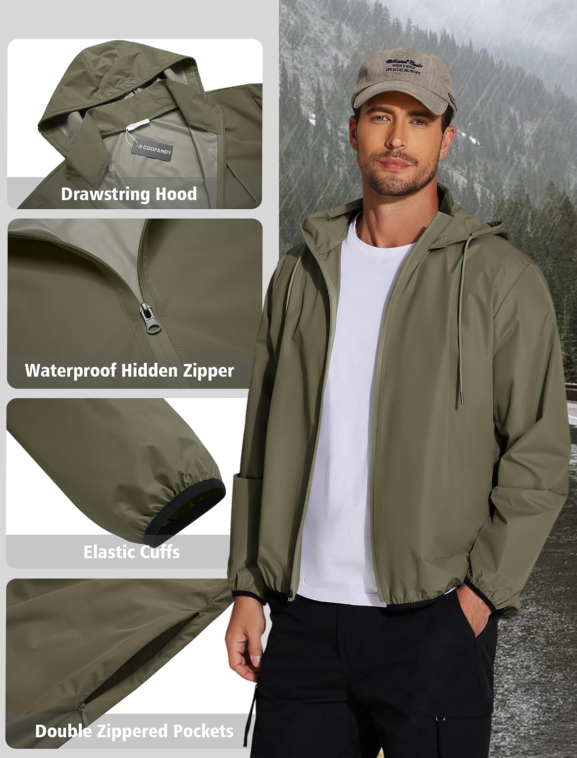 COOFANDY Men's Light Rain Jacket Packable Waterproof Raincoat Windbreaker