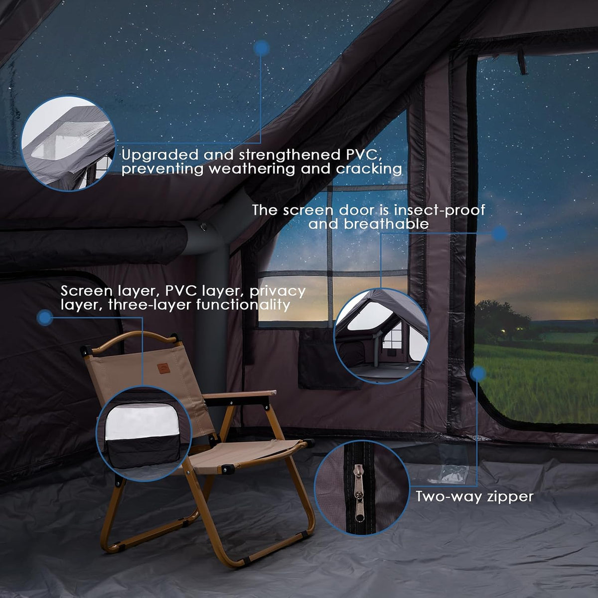 Inflatable Camping Tent with Electric Air Pump - 420D Heavy Duty Oxford - 5 Min Auto-Inflation - Panoramic Stargazing Skylight - 4 Season Luxury Glamping Cabin, 4-10 Person Multiple Sizes