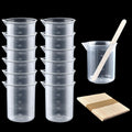 Coopay 12 Pack 100ml/3.4oz Plastic Beakers Epoxy Mixing Cups, Plastic Graduated Cups Clear Multipurpose Measuring Cups with 50 Pack Wooden Stirring Sticks for Resin, Epoxy, Stain, Mixing Paint