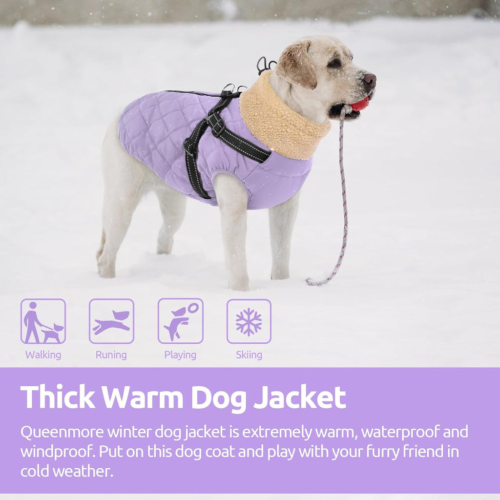 Queenmore Dog Winter Jacket Dog Coats for Large Dogs with Harness Built in