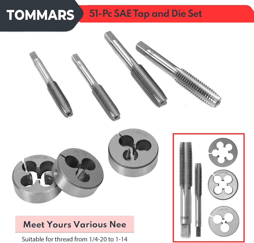 TOMMARS 51Pcs Jumbo Tap and Die Set, 1/4-20 to 1-14 SAE Threading