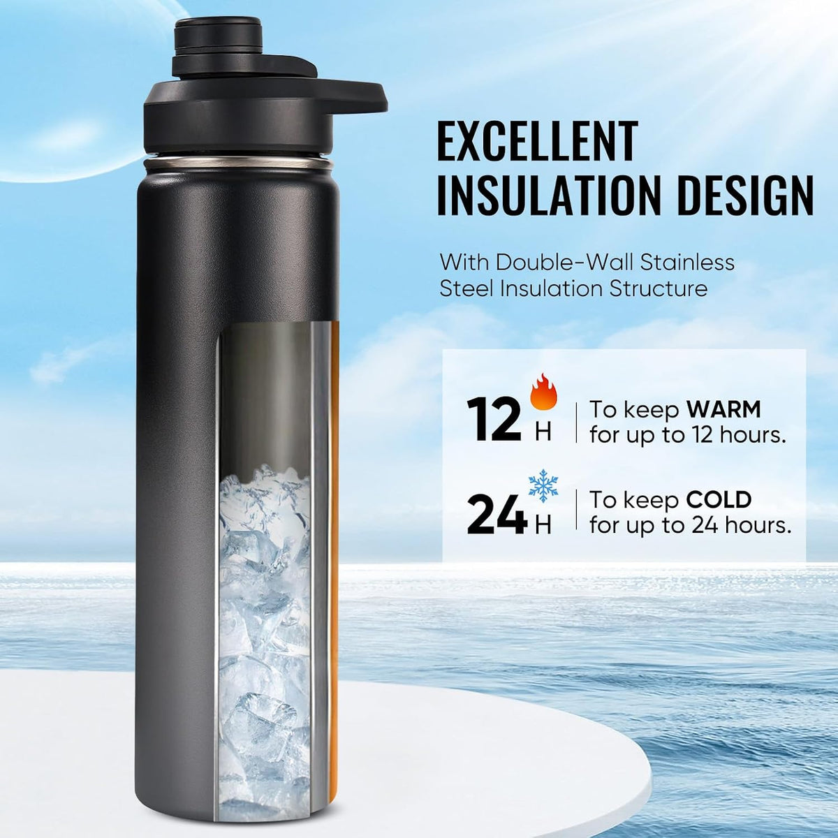 Fijinhom Insulated Water Bottle with Handle, 304 Stainless Steel Water Bottles with Wide Mouth, Double Wall Vacuum Sports Water Bottle, BPA Free, Keep Cold and Hot, 24 Ounces, Black/Gray