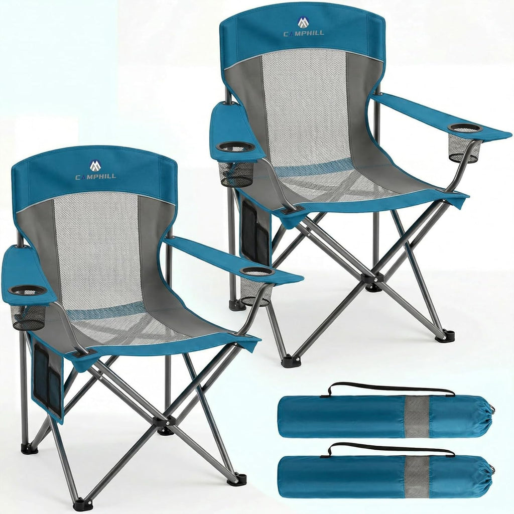 2 Pack Camping Chairs for Adults,Oversized Mesh Back Lawn Chair with Cup Holder, Side Pocket&Bag for Outdoor,Beach,Picnic,Fishing,and Sports,Breathable,Heavy Duty,Black