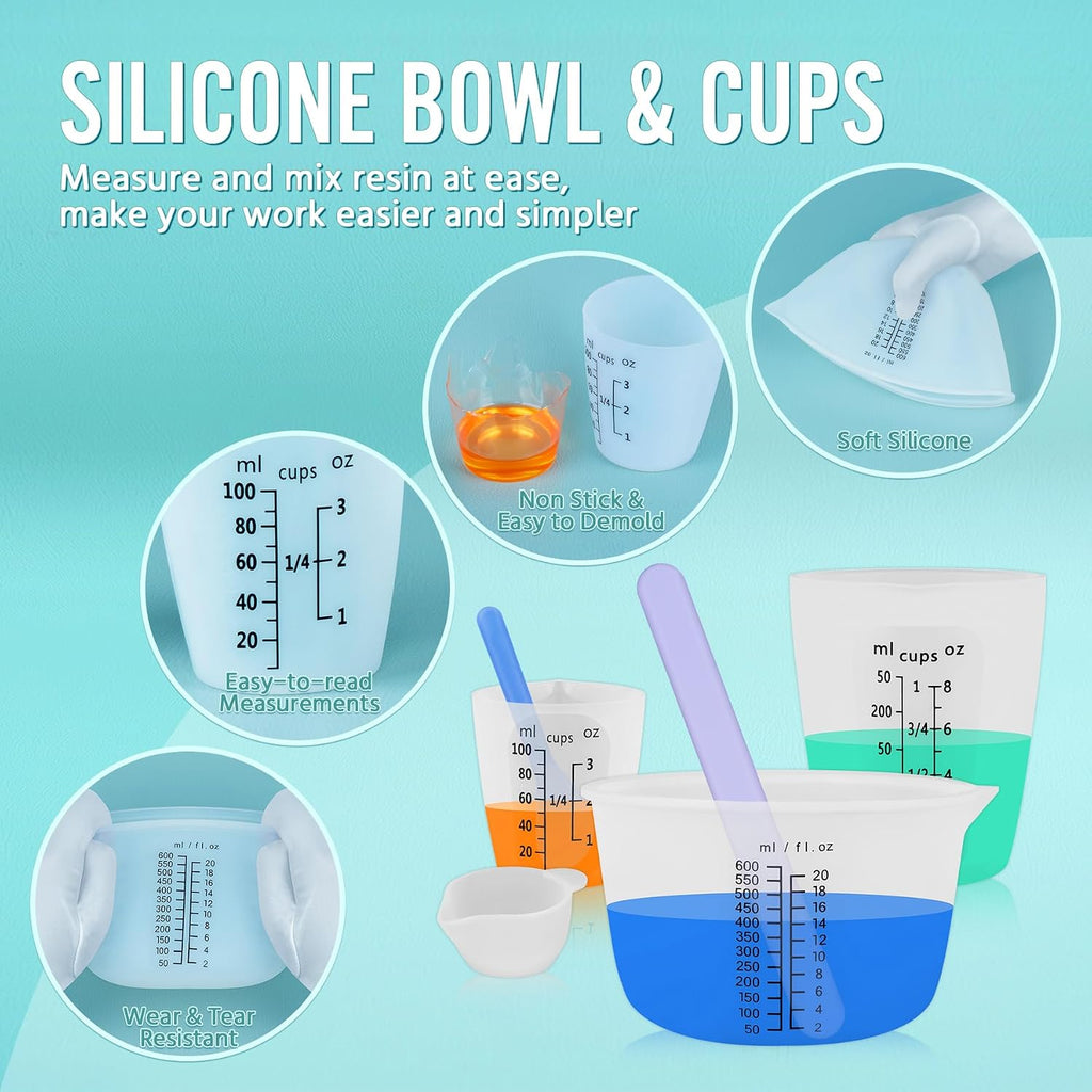 Silicone Resin Mixing Measuring Cups for Resin Supplies, Easy-to-Read Marks, 600ml/20oz Bowl, 250&100ml Thickened Reusable Silicone Cups for Epoxy Mixing, with Stir Sticks, Jewelry Making