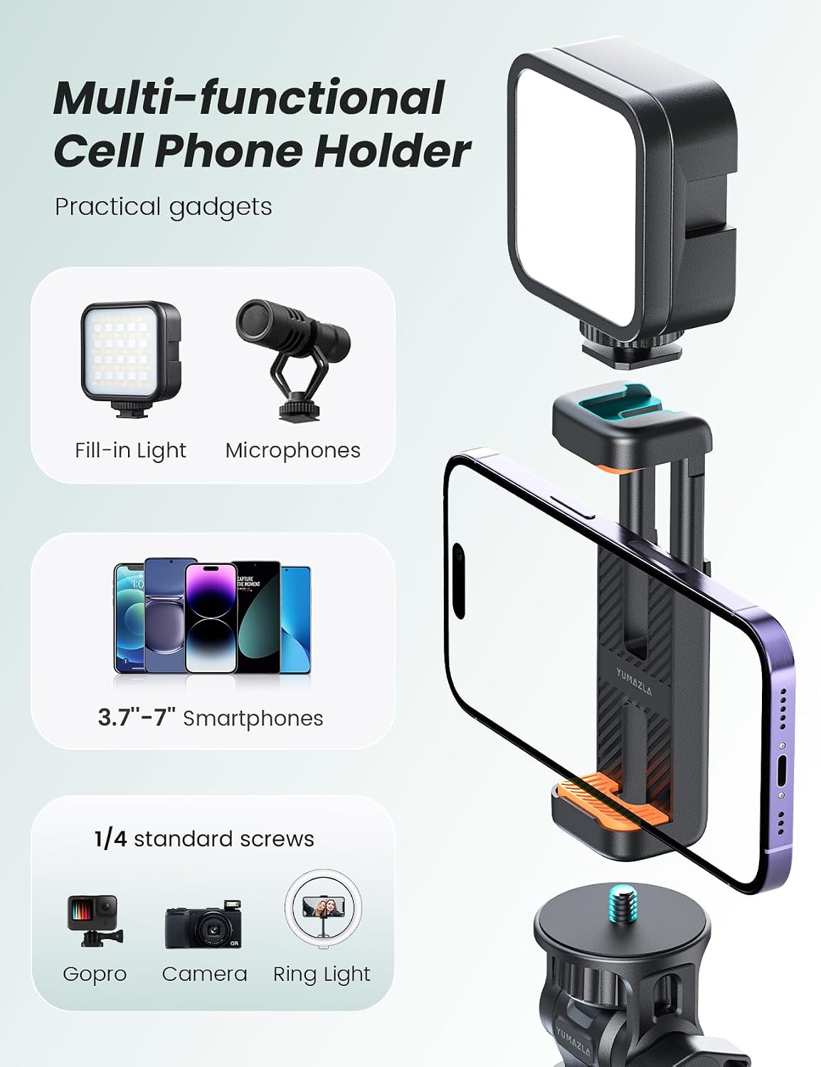 71''/180cm Extendable Phone Tripod Aluminum, Portable Stand for Video Recording, Travel Tripod for iPhone/Cell Phone/Camera Video Light, Compatible with Smartphones, DSLR