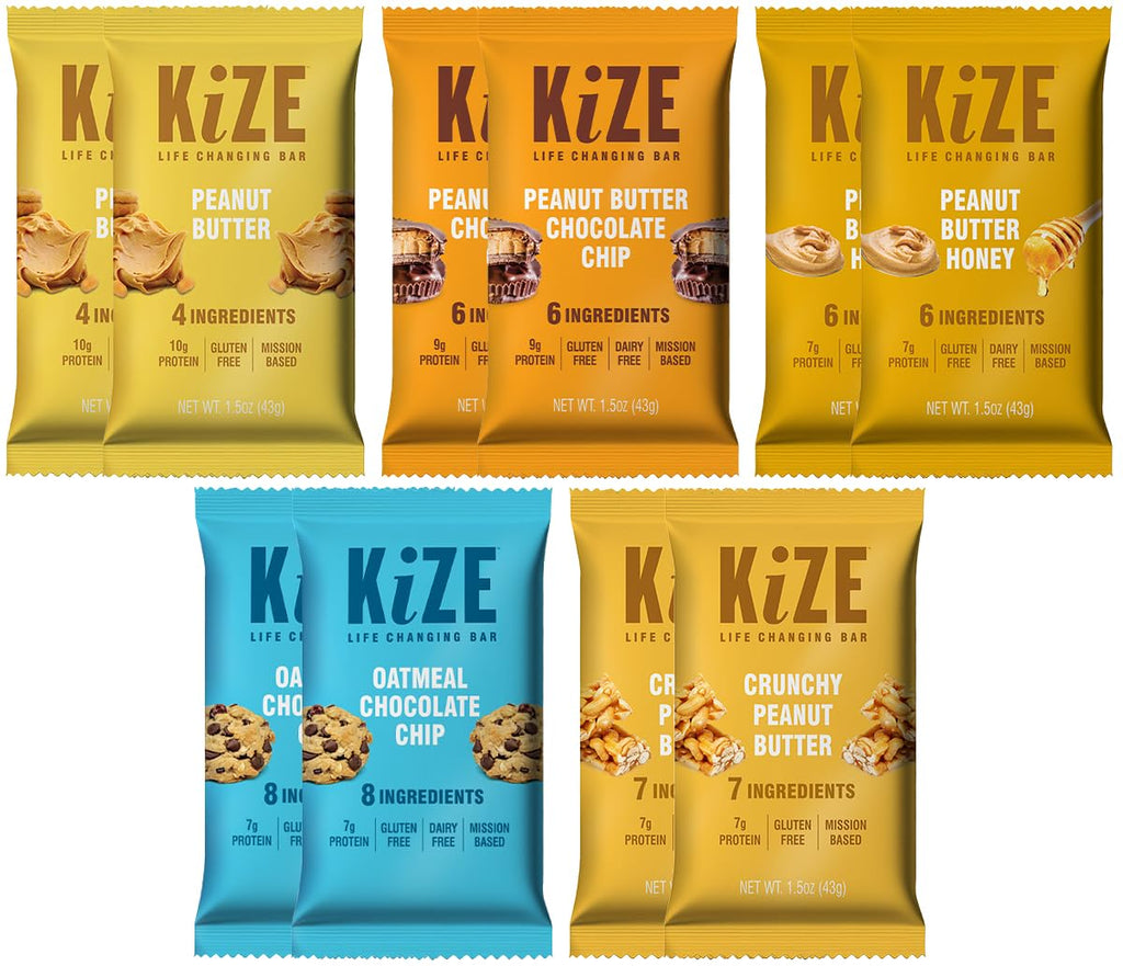 KiZE Energy Bars - Peanut Butter Lovers Variety Pack - 30-Count - Gluten Free, Dairy Free Options, Non-GMO, and High Protein Meal Replacement Energy Bars, Clean and Simple Food Ingredients - 7-10g High Protein Snacks (30 Count)