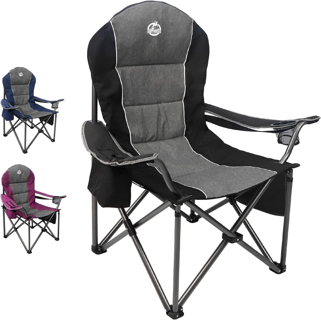 Northroad Oversized Portable Camping Chair, Full Padded Outdoor Folding Chair Support 350 LBS, Heavy Duty Lawn Chair with Cup Holder, Cooler Bag, Lumbar Support, Head Pocket for Adult-Black