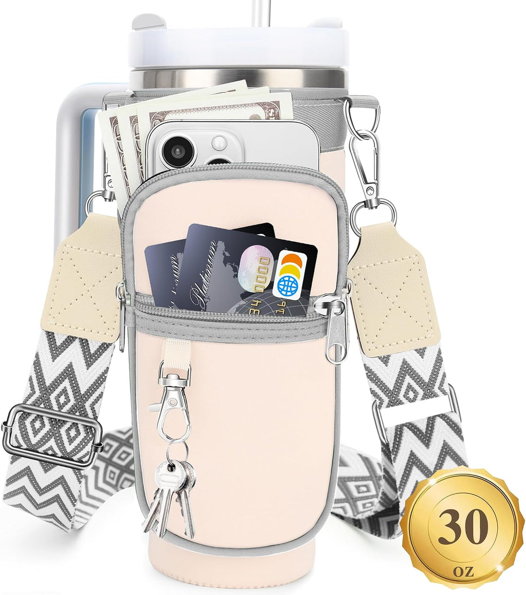Water Bottle Carrier Bag with Canvas Shoulder Strap for Stanley 30 oz Tumbler with Handle, Water Bottle Holder Pouch with 6.7'' Phone Pocket for Stanley Cup Accessories, Birthday Gifts for Men Women
