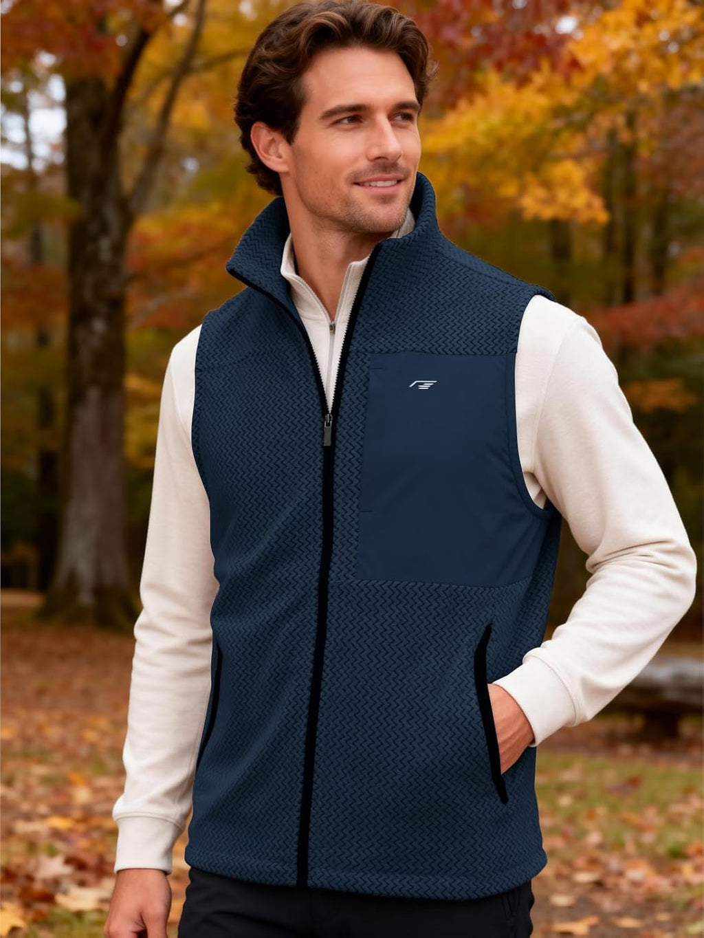 Mens Fleece Vest Mock Neck Full Zip Textured Sleeveless Jacket with Zippered Chest Pocket Active Fit Hiking Golf Top