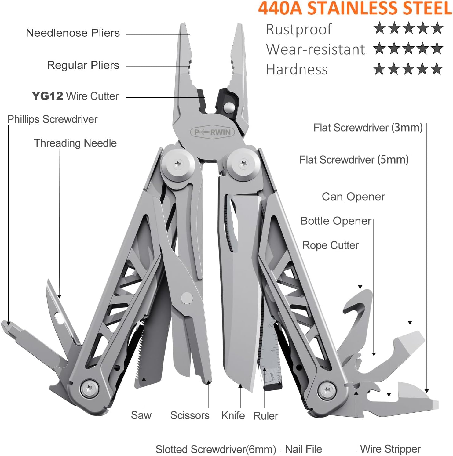 PERWIN Multitool, 17-in-1 Stainless Steel Multi Tool Pliers with Self-Locking, Pocket Knife, Nylon Sheath, Professional (EDC) Multi-Tool for Survival, Camping and Hunting, Hiking, Gifts for Men