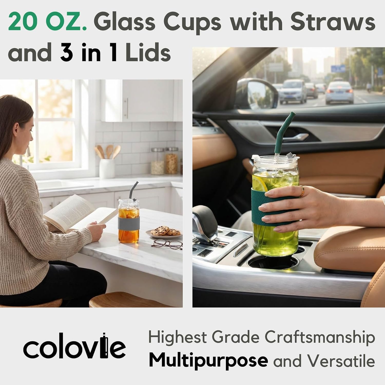 ColoVie 20oz Mixed Drinking Glasses with 6 Colors, Thicken Reusable Glass Tumblers with Lids and Straws, Removable Silicone Sleeve for Hot or Iced Drinking, Unique Colorful Glass Cups