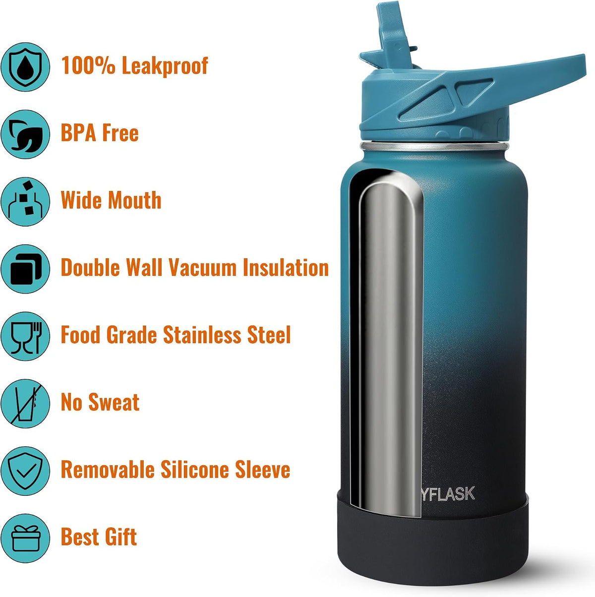 RUBYFLASK 32oz Insulated Water Bottle with Straw, Stainless Steel Metal Vacuum Water Flask, Large Thermal Water bottle with Leakproof 3 Lids for Travel, Camping, Gym Sports Armygreen
