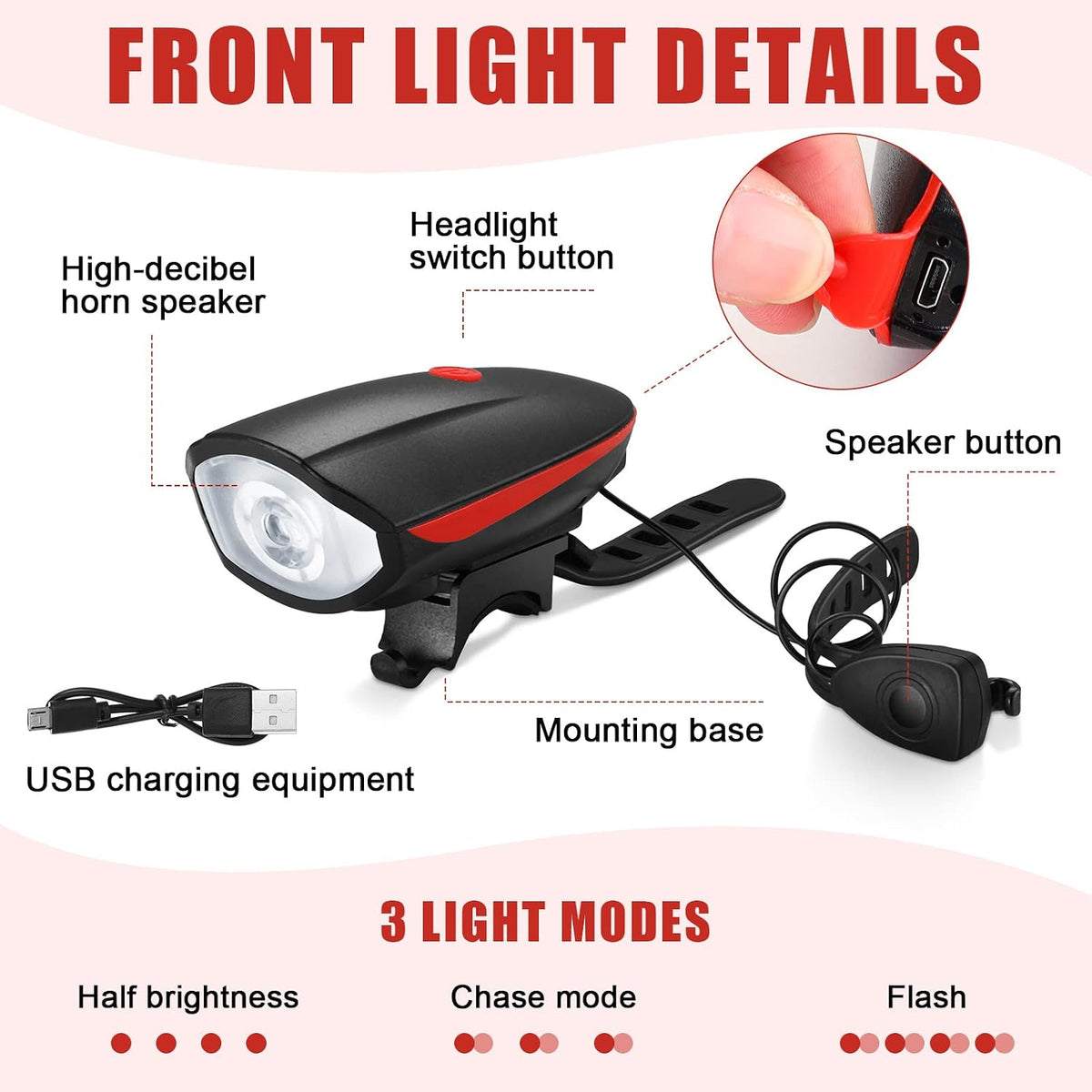 Hanaive 4 Sets Bike Lights for Night Riding with Horn USB Rechargeable LED Bicycle Front 3+4 Modes Headlight Taillight Set Bright Waterproof Accessories for Men Women Road Mountain Bike