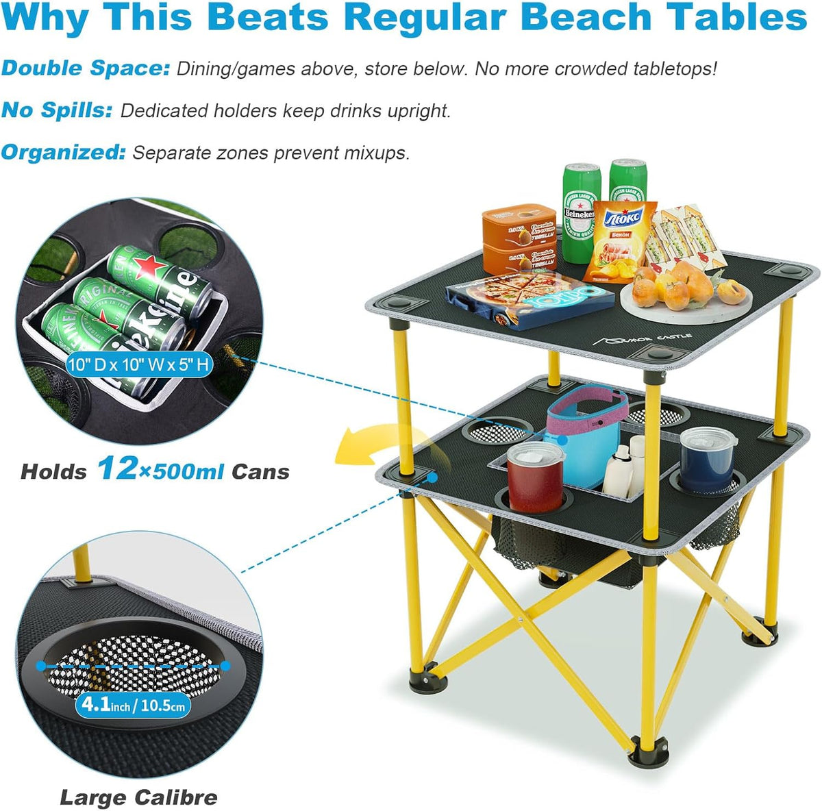 Folding Camping Table with 4 Cup Holders, Lightweight Portable Beach Outdoor Picnic Table, Square Camp Table with Built-in Food Basket Travel Bag for BBQ, Camping, Tailgate