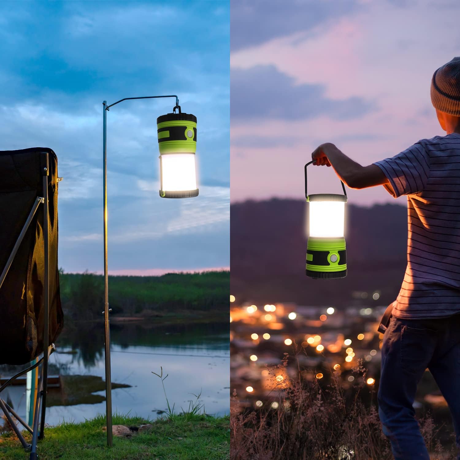 LED Camping lamp Super Bright 1500 lumens 4 Light Modes Dimmable searchlight Battery-Powered Emergency lamp Suitable for Night Hiking Tent Lighting Emergencies Power outages (Green)