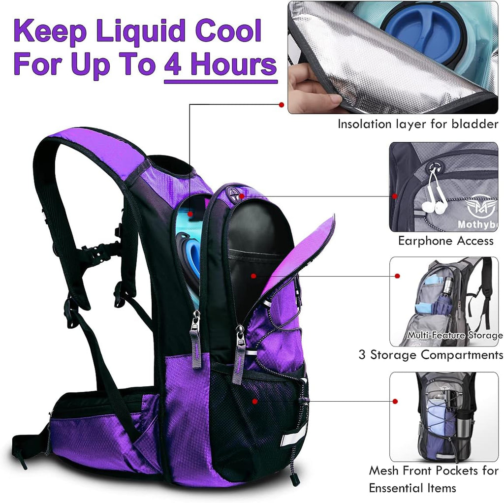 Mothybot Insulated Hydration Backpack Pack with 3L BPA Free Leak Proof Water Bladder, Large Storage Lightweight Hiking Daypack with Waist Pouches & Cooler Layer, for Running, Biking, Camping, Festival