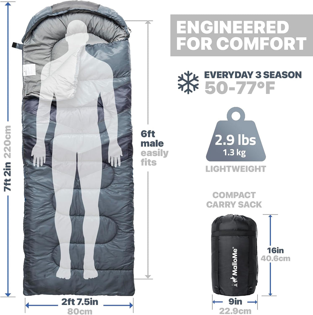 MalloMe Sleeping Bags for Adults Cold Weather & Warm - Backpacking Camping Sleeping Bag for Kids, Girls, Boys - Lightweight Camping Essentials Gear Accessories Hiking Sleep Must Haves Single & Double