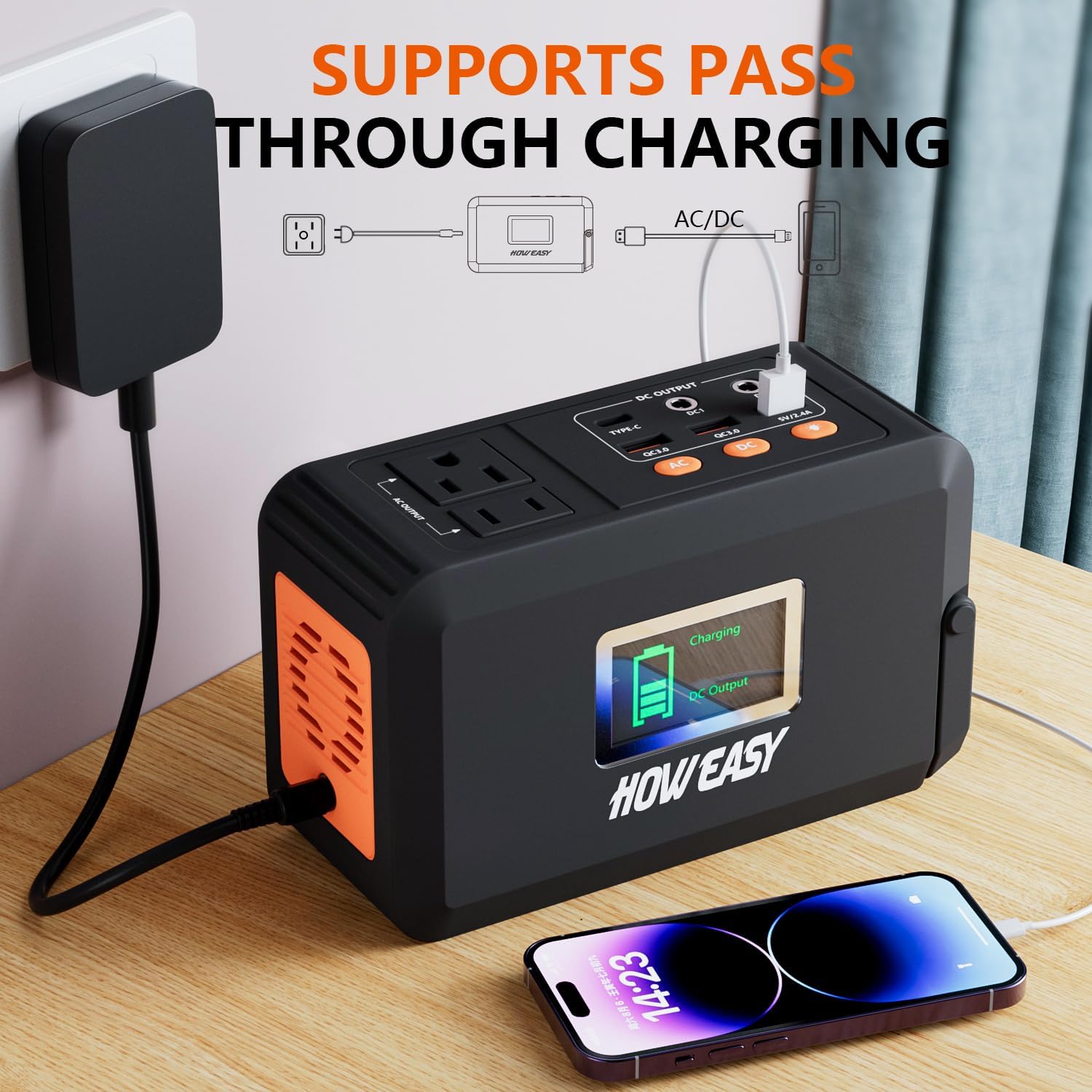 HOWEASY Portable Power Station,120W(240W Peak) Solar Generator | 88Wh Lithium Battery Power with 110V AC Outlet/DC/USB/LED Light for Outdoor Camping Trip Hunting Emergency