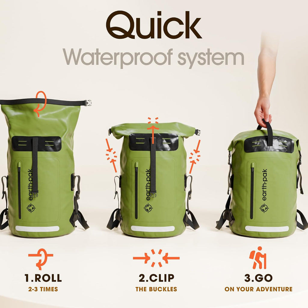 Earth Pak Waterproof Backpack - Heavy Duty Hiking Backpack - Roll-Top Closure Bag - Cushioned Dry Bag Waterproof Phone Case