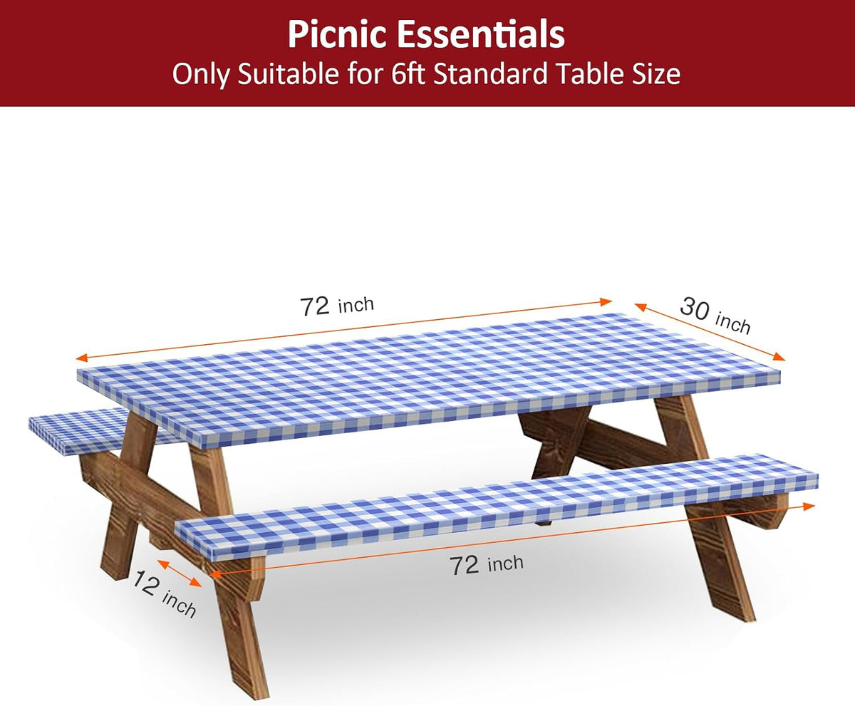 6ft 72in Picnic Table and Bench Cover, 3 Pack, Blue-White Checkered