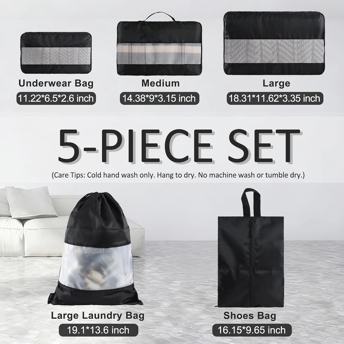 U+U 5 Set Packing Cubes, Travel Organizers with Shoe Bag (Black)