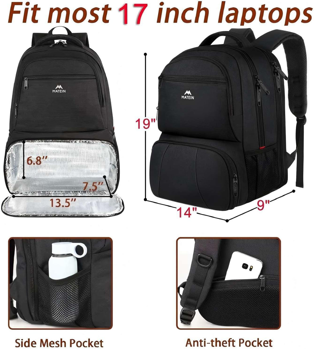 MATEIN Lunch Backpack for Men, 17 Inch Work Backpack with Lunch Compartment