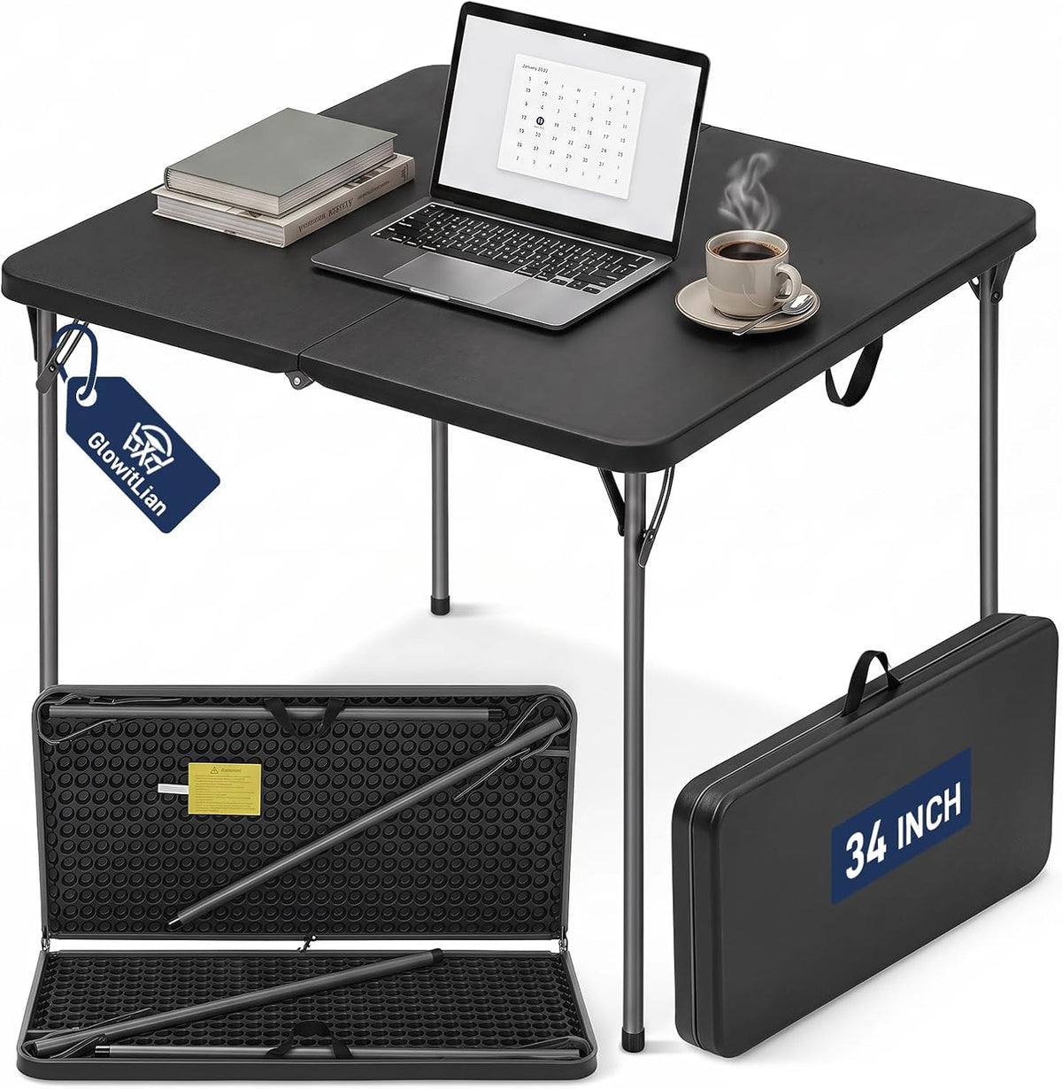 34" Square Folding Table for 4 Person, 330lbs Weight Capacity Foldable Table with HDPE Tabletop & Heavy-Duty Steel Legs, Large Portable Picnic Table for Indoor Outdoor Parties, Camping, Black