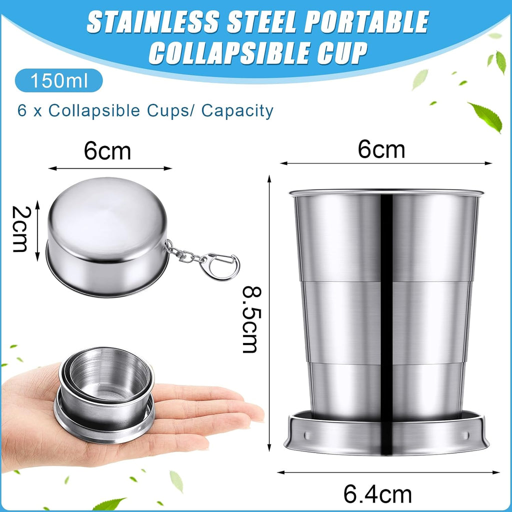 Tessco for you 6 Pieces Collapsible Shot Glasses Stainless Steel Collapsible Cup Reusable Portable Travel Folding Cup with Lid and Keychain for Camping Hiking Cycling(5 oz)