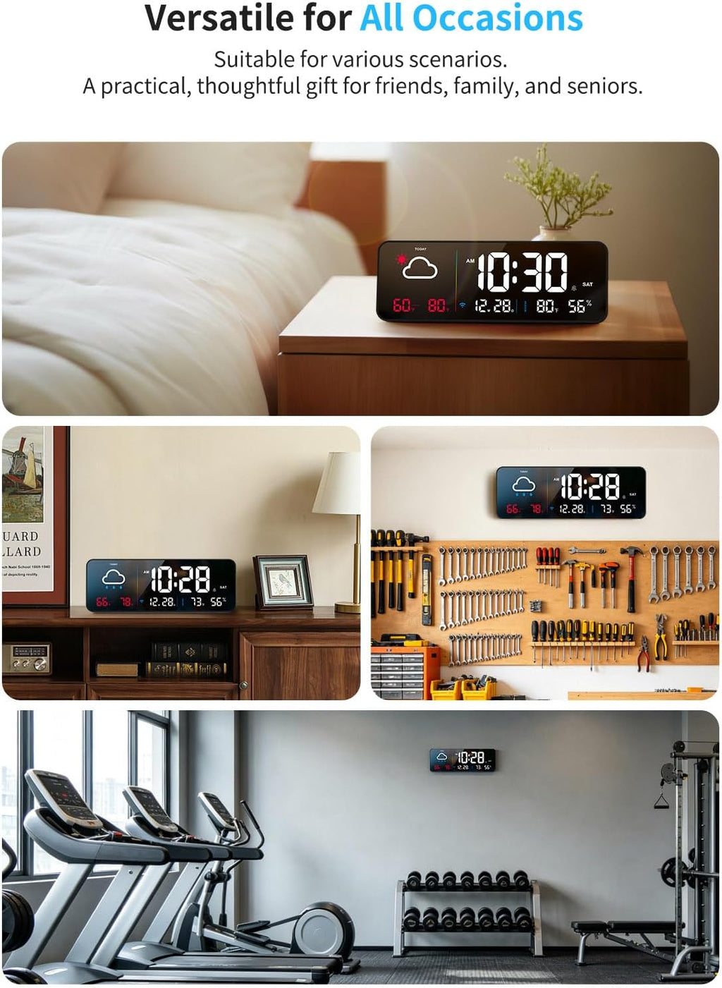 Digital Wall Clock, Digital Clock Large Display with Network Auto-Synced, Corded Smart LED Alarm Clocks Real-Time Shows Weather, Indoor/Outdoor Temp Humidity for Living Room Bedroom Classroom Office